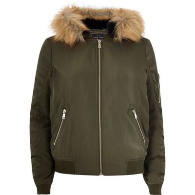 Khaki faux fur hooded bomber jacket